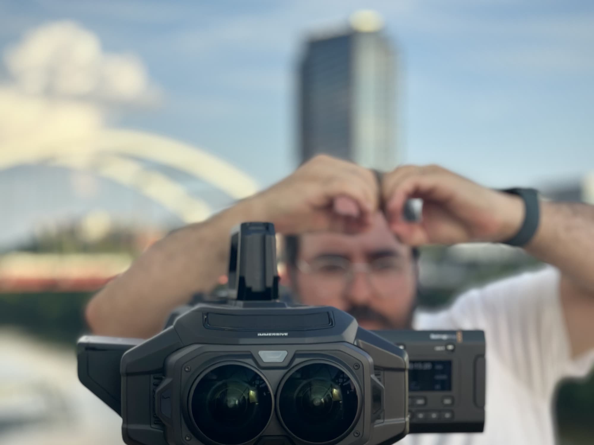 Adam Lisagor with the Blackmagic immersive camera