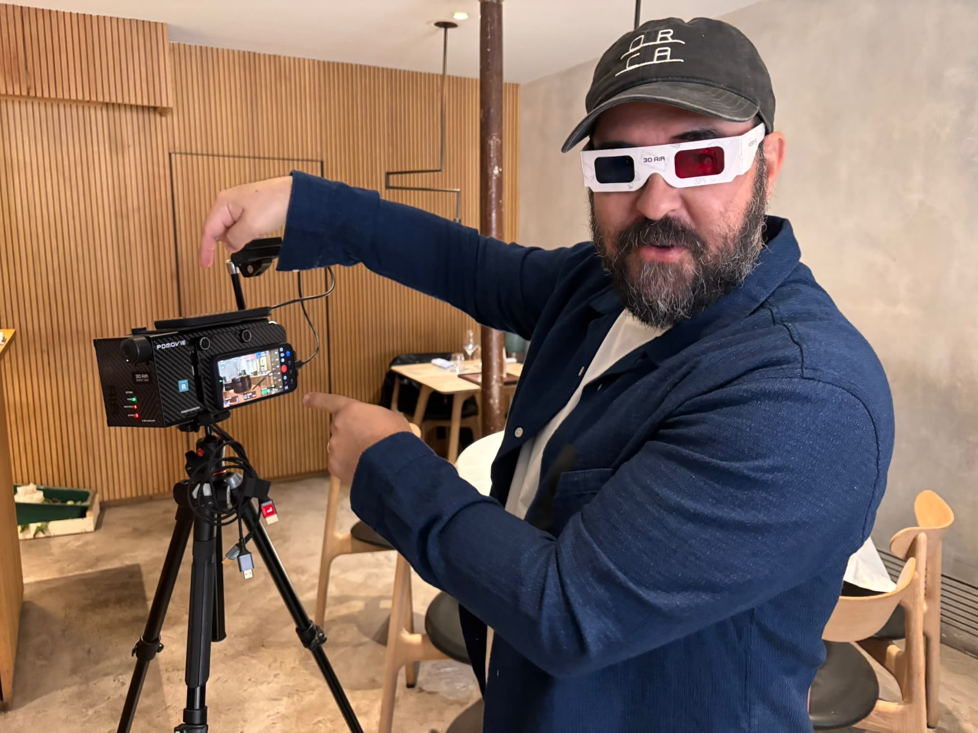 Adam Lisagor in 3D glasses on set